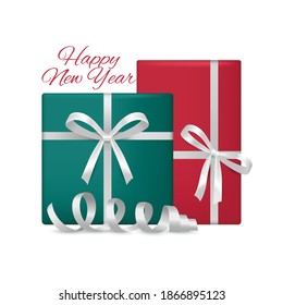 Set of red and green gifts with a realistic white ribbon with bow. Festive design element for decorating holiday banners, gift cards, greeting cards, and Christmas and New Year sales.