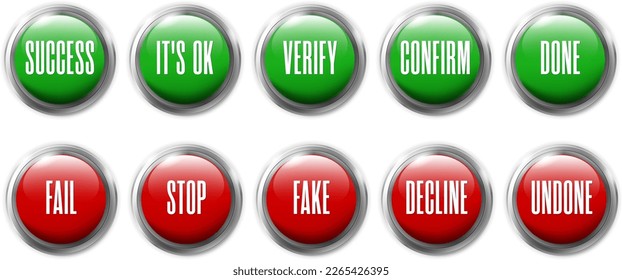 Set of red and green glossy buttons with different inscriptions - vector illustration