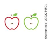 Set of red, green, half apples in vector. Two halves of apple, green and red icon.