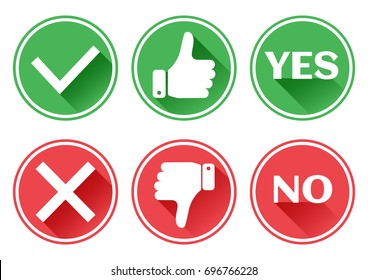Set red and green icons buttons. Thumb up and down. Like and dislike. Confirmation and rejection. Yes and no. Vector illustration.
