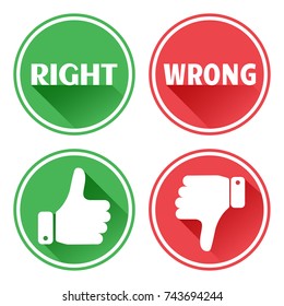 Set red and green icons buttons. Thumb up and down. Right and wrong. Vector illustration.