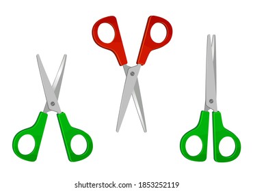 Conjunto de tijeras rojas y verdes. Iconos para tijeras abiertas y cerradas. Objetos luminosos de estilo plano. ilustración vectorial.