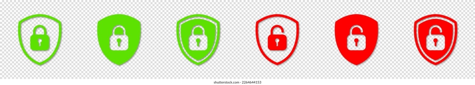 Set of red and green shield Lock and Unlock Icon. Symbol padlock. Protection concept. Vector Illustration.