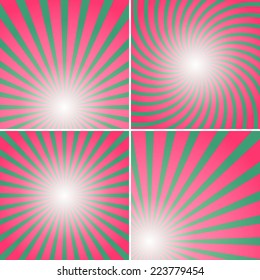 Set of red and green shiny backgrounds for design.  Christmas pattern. Different burst sources - center, corner, bottom.