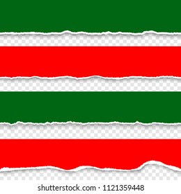 Set of red and green torn paper. Realistic paper stripes with ripped edges in Chritmas colors. Vector template on transparent background.