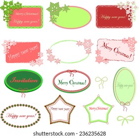  Set of red and green  vintage frames in the shape of stars, rectangular and ovals with bows, snowflakes and embroidered thread for happy new year and merry Christmas   