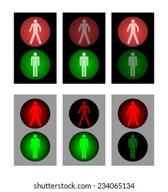 Set of red and green wait and walk pedestrian traffic light. illuminated stop and go semaphore symbol. black and gray color design. vector art image illustration, isolated on white background