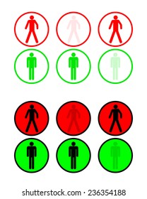 Set of red and green wait and walk pedestrian traffic light. illuminated man silhouette stop and go semaphore symbol. simple design, vector art image illustration, isolated on white background, eps10