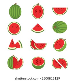 Set of red green Watermelon, Farm fresh Watermelon product emblem for grocery shop, Slides, long and cross sections, and different positions, simple flat vector illustration of vegetables and fruits.