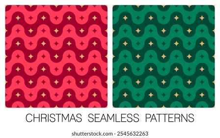 Set of red and green wave and star geometric seamless stripes pattern design for christmas and new year holidays.