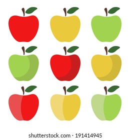 Set of Red, Green and Yellow Apple Icons on white
