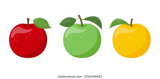 Set of red, green and yellow apple fruits. Fresh apples icons. Organic fruits for juice, smoothie or vitamin C healthy food. Vector icon illustration isolated on white background.