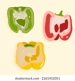 A set of red, green and yellow bell peppers cut in half. Vector illustration. Whole pepper isolated. Healthy food. Veganism.