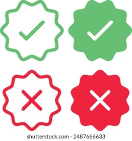 Set of red, green and yellow check mark icons, Right icon with green, Wrong icon to say no or refuse the require