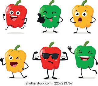 set of red, green and yellow paprika character with cute expression, funny,  isolated on white background, vegetable for mascot 