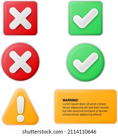 Set of red, green and yellow plastic buttons with check and warning symbols - vector illustration