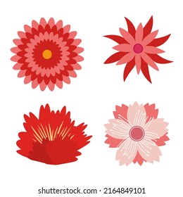 Set of red groovy flowers. Folk flowers. Abstract pink red flowers