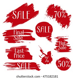 Set of red grunge banners for design. Label, blots, logo for sale vector illustration