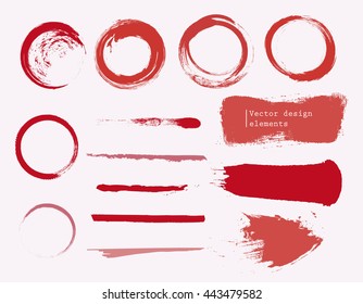 set of red grunge banners, strokes and empty scribble circles isolated on white. vector design elements