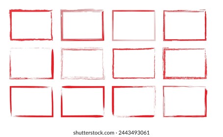 Set of red grunge border frames stamp. Hand drawn brush ink and chalk element. Brush banner set. Vector illustration