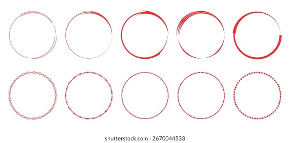 A set of red grunge and brush stroke circles. A collection of round, painted frames with a rough stamp texture, which also includes decorative patterned borders. An artistic vector pack for distressed