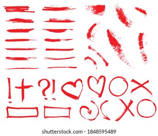 Set of red grunge brush strokes, symbols. Vector illustration. Isolated on white background.