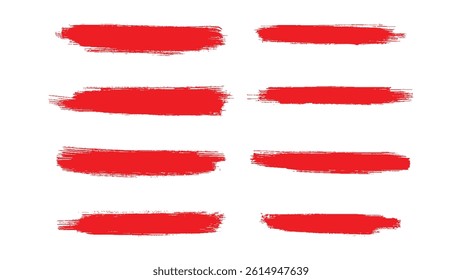 Set of Red grunge brush strokes isolated on a transparent background, hand-painted vector brush smears for artistic design, banners, textures, and creative elements.