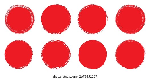Conjunto de Formas rojas del círculo del grunge, Formas redondas del grunge. Sello rojo del sol del cepillo símbolos en fondos blancos. Sellos de Vector de bandera japonesa.