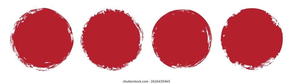Set of red grunge circles. Flag of Japan with grunge circle stamp background brush. Japanese paint circle vector round texture shape illustration.