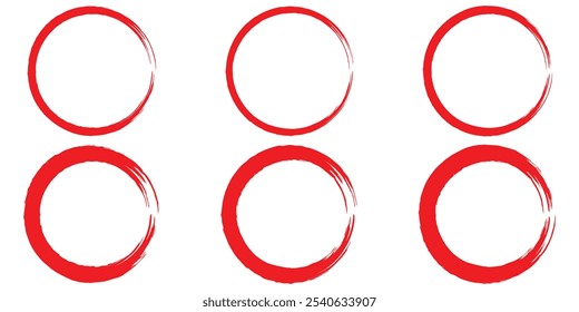 Set of red grunge circles shapes on a white background. Paint brush stamp collection. Vector grunge circle. Grunge round shape. Grunge design.