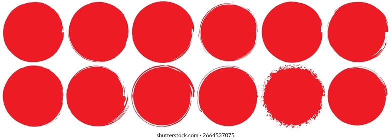 Set of red grunge circles shapes, grunge round shapes. Paint brush stamp collection. Vector brush circle. Red grunge circle stamp.	