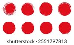 Set of red grunge circles. Stamp with jagged edges. Japanese sun isolated on white background.