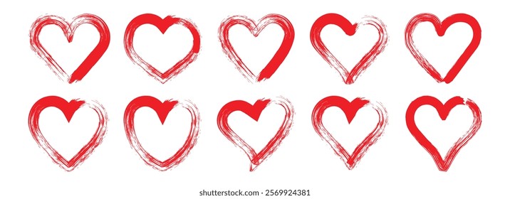  Set of red grunge hearts. Design elements for Valentine's Day. Heart shapes. Isolated on white background. Vector illustration.