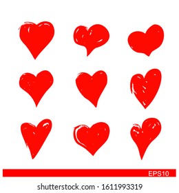 Set of red grunge hearts. Vector heart shapes.