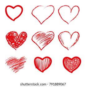 Set of red grunge hearts. Vector heart shapes