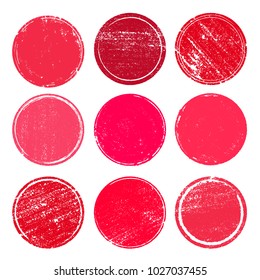 Set of Red grunge post stamps, circles. Banners, insignias, logos, icons, labels and badges. Distress textures, blank shapes. Vector illustration. Isolated on white background