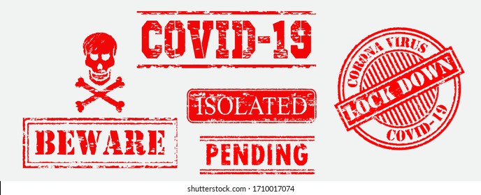 conjunto de sellos de goma de grunge rojo o sellos de goma de virus corona o pospuesto, bloqueo, distancia social, concepto de distancia física. cepa 10 vectorial, fácil de modificar
