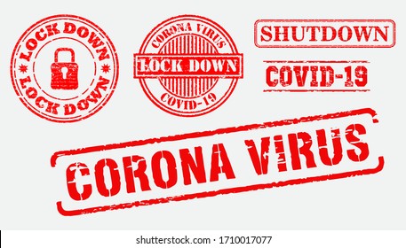 set of red grunge rubber stamp or corona virus rubber stamp themes or postponed, lock down, social distance, physical distance concept. 