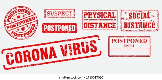 conjunto de sellos de goma de grunge rojo o sellos de goma de virus corona o pospuesto, bloqueo, distancia social, concepto de distancia física. cepa 10 vectorial, fácil de modificar