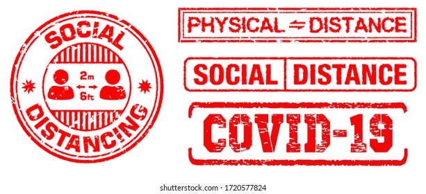 conjunto de sellos de goma de grunge rojo o sellos de goma de virus corona o pospuesto, bloqueo, distancia social, concepto de distancia física. cepa 10 vectorial, fácil de modificar