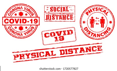 set of red grunge rubber stamp or corona virus rubber stamp themes or postponed, lock down, social distance, physical distance concept. eps 10 vector 
