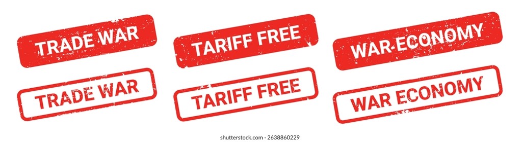 Set of red grunge rubber stamps with text TRADE WAR, TARIFF FREE, WAR ECONOMY. Trade bans, geopolitical conflicts, tariffs, embargo. Stumped text isolated on transparent background, vector elements
