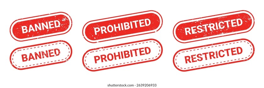 Set of red grunge rubber stamps with text BANNED, PROHIBITED, RESTRICTED isolated on transparent background. Global trade bans, government restrictions, tariffs, financial blockade, economic warfare