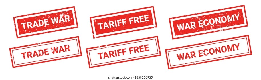 Set of red grunge rubber stamps with text TRADE WAR, TARIFF FREE, WAR ECONOMY. Trade bans, geopolitical conflicts, tariffs, embargo. Stumped text isolated on transparent background, vector elements