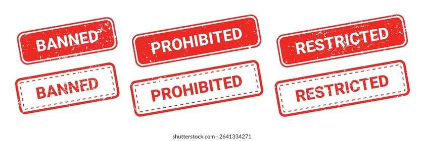 Set of red grunge rubber stamps with text BANNED, PROHIBITED, RESTRICTED isolated on transparent background. Global trade bans, government restrictions, tariffs, financial blockade, economic warfare