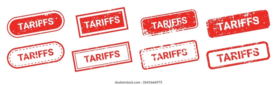 Set of red grunge rubber stamps with text TARIFFS isolated on transparent background. Global trade bans, government restrictions, USA tariffs, financial blockade, economic war, political conflicts