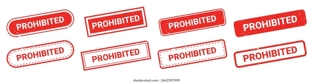 Set of red grunge rubber stamps with text PROHIBITED isolated on transparent background. Global trade bans, government restrictions, USA tariffs, financial blockade, economic war, political conflicts