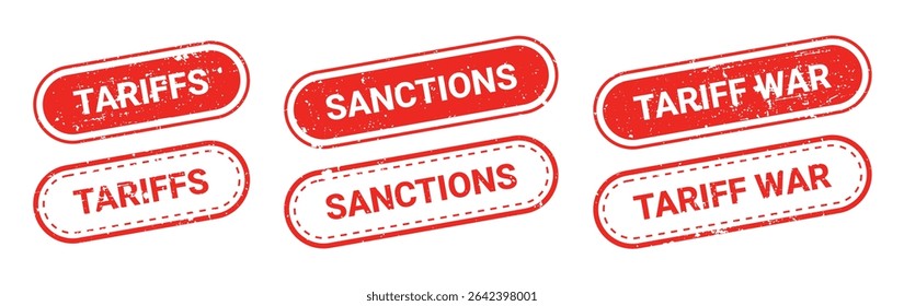 Set of red grunge rubber stamps with text TARIFFS, SANCTIONS, TARIFF WAR isolated on transparent background. Global trade bans, government restrictions, tariffs, financial blockade, economic warfare