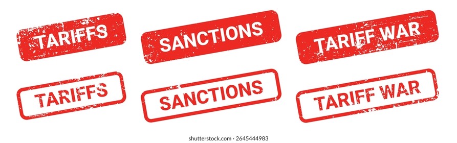 Set of red grunge rubber stamps with text TARIFFS, SANCTIONS, TARIFF WAR. Trade bans, geopolitical conflicts,USA tariffs, embargo. Stumped text isolated on transparent background, vector elements