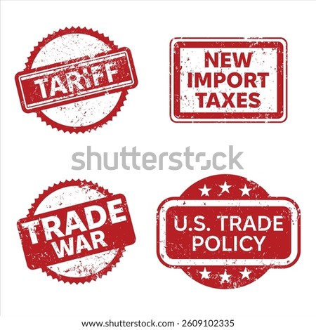 Set of red grunge rubber stamps with trade terms. Stamps with text tariff and trade war. Collection of vector rubber stamps with import tax labels. U.S. trade policy stamps set with red ink texture
